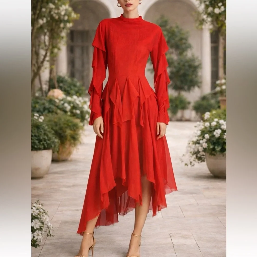 A.W.A.K.E. MODE Deconstructed Ruffled Midi Dress In Red Women's Size 36 US 4 - Picture 2 of 13